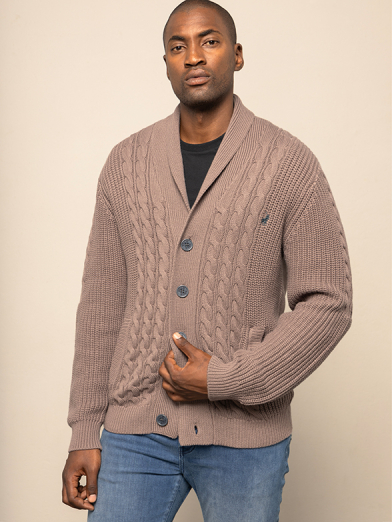 Mens Long Sleeve Shawl Cable Knitwear