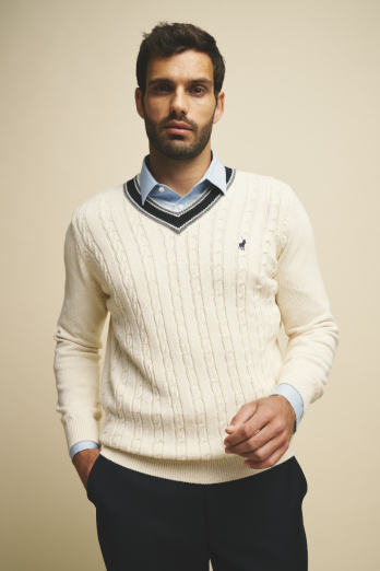 Mens Long Sleeve Cable V Neck Knitwear